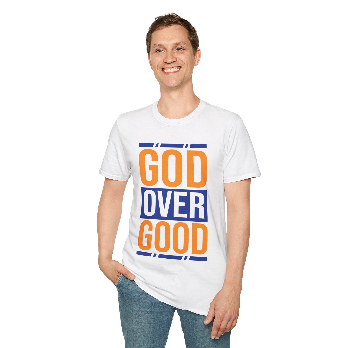 Unisex GOD OVER GOOD - Orange/Blue (SOFT STYLE) T-Shirt